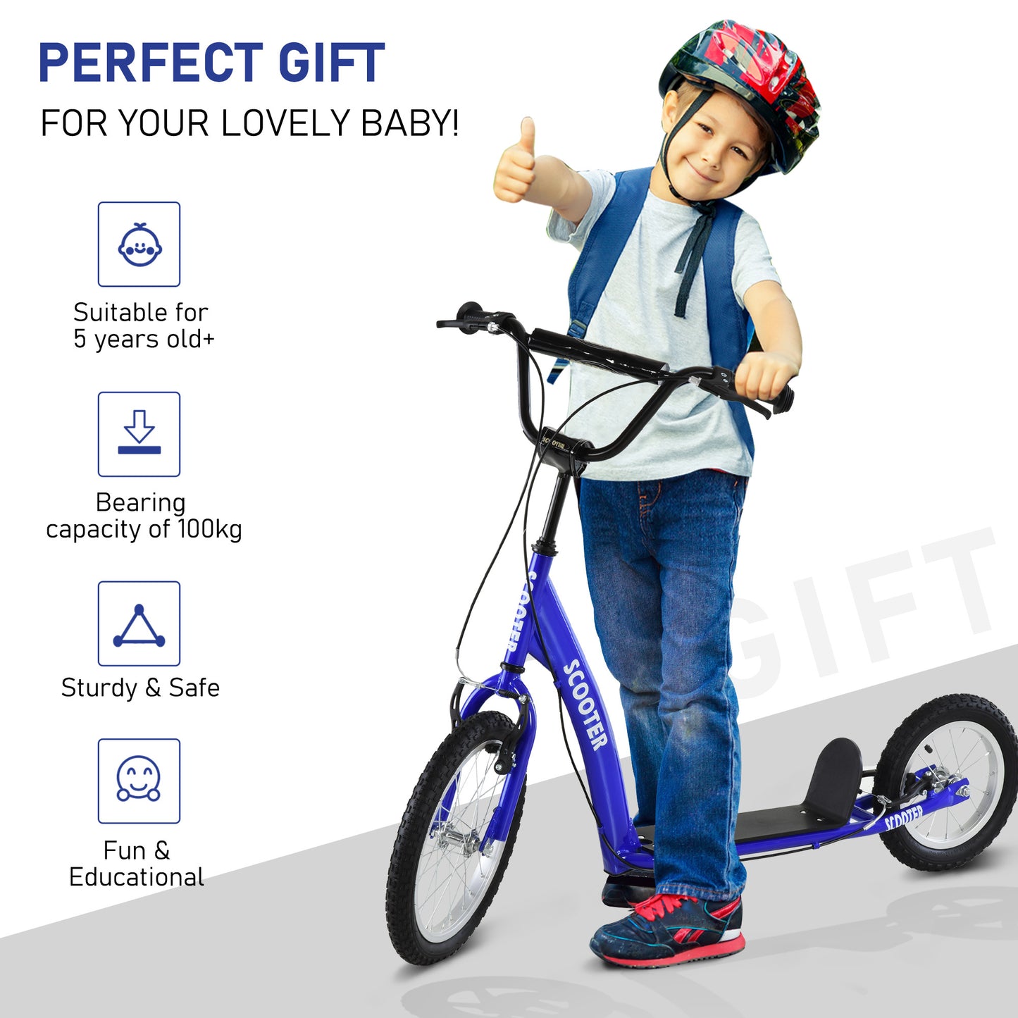 Kids Ride On Kick Scooter – Blue, Adjustable, Ages 5+, Dual Brakes