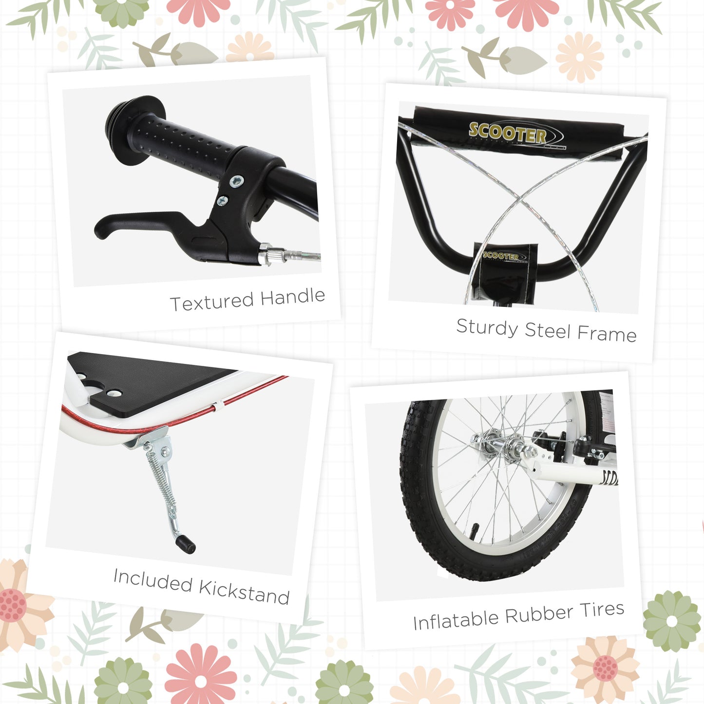 Toddler Scooter – White, Adjustable Handlebar, Dual Brakes, Inflatable Wheels