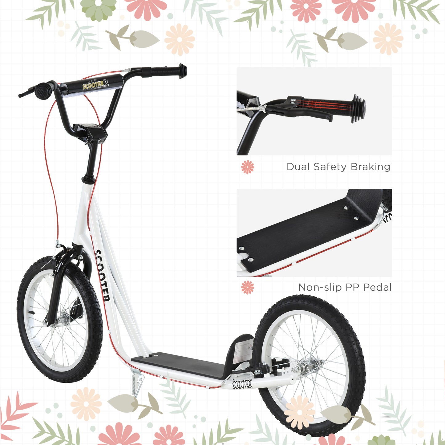 Toddler Scooter – White, Adjustable Handlebar, Dual Brakes, Inflatable Wheels