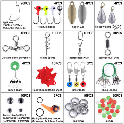 188Pcs Fishing Tackle Kit with Hooks, Lures & Weights – Portable Box