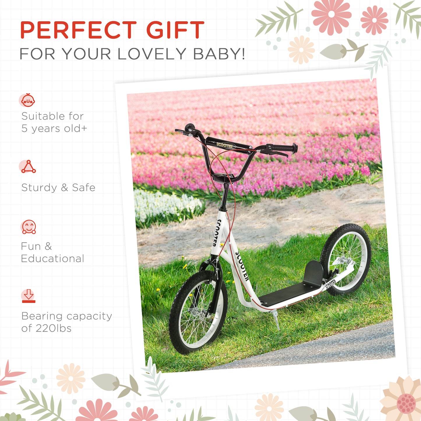 Toddler Scooter – White, Adjustable Handlebar, Dual Brakes, Inflatable Wheels