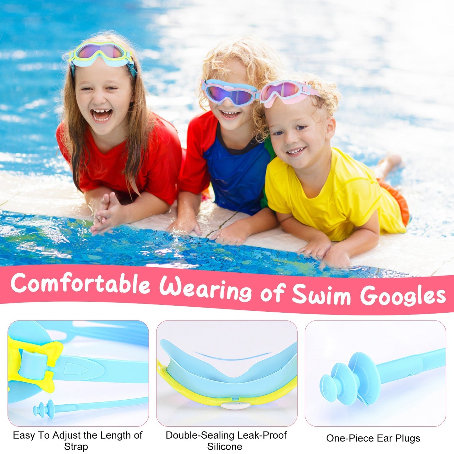 3 Colors Available – Kids Swim Goggles with Ear Plugs, UV Protection, Anti-Fog, Leak-Proof – Ages 3-16 – Pool, Beach, Water Park