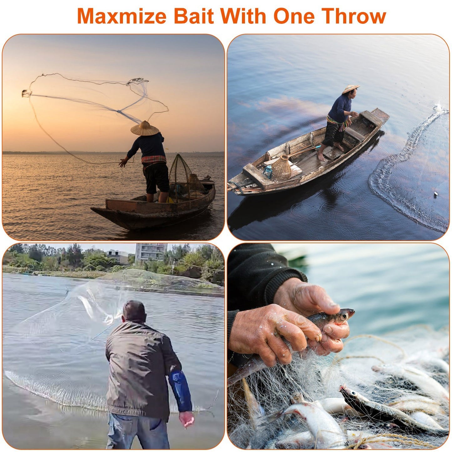 6FT/8FT Radius Fishing Cast Net – Heavy Duty Bait Trap with Chain Sinker