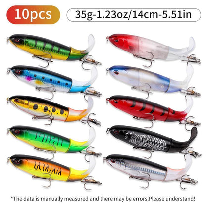 10-Piece 35g Topwater Fishing Lure Kit – 14cm Swiveling Tail Baits