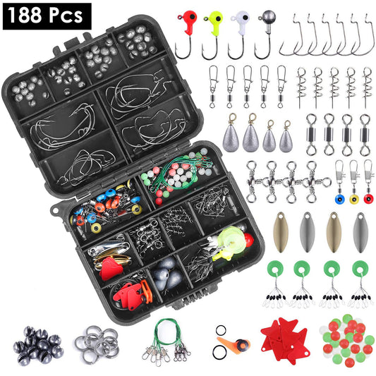 188Pcs Fishing Tackle Kit with Hooks, Lures & Weights – Portable Box